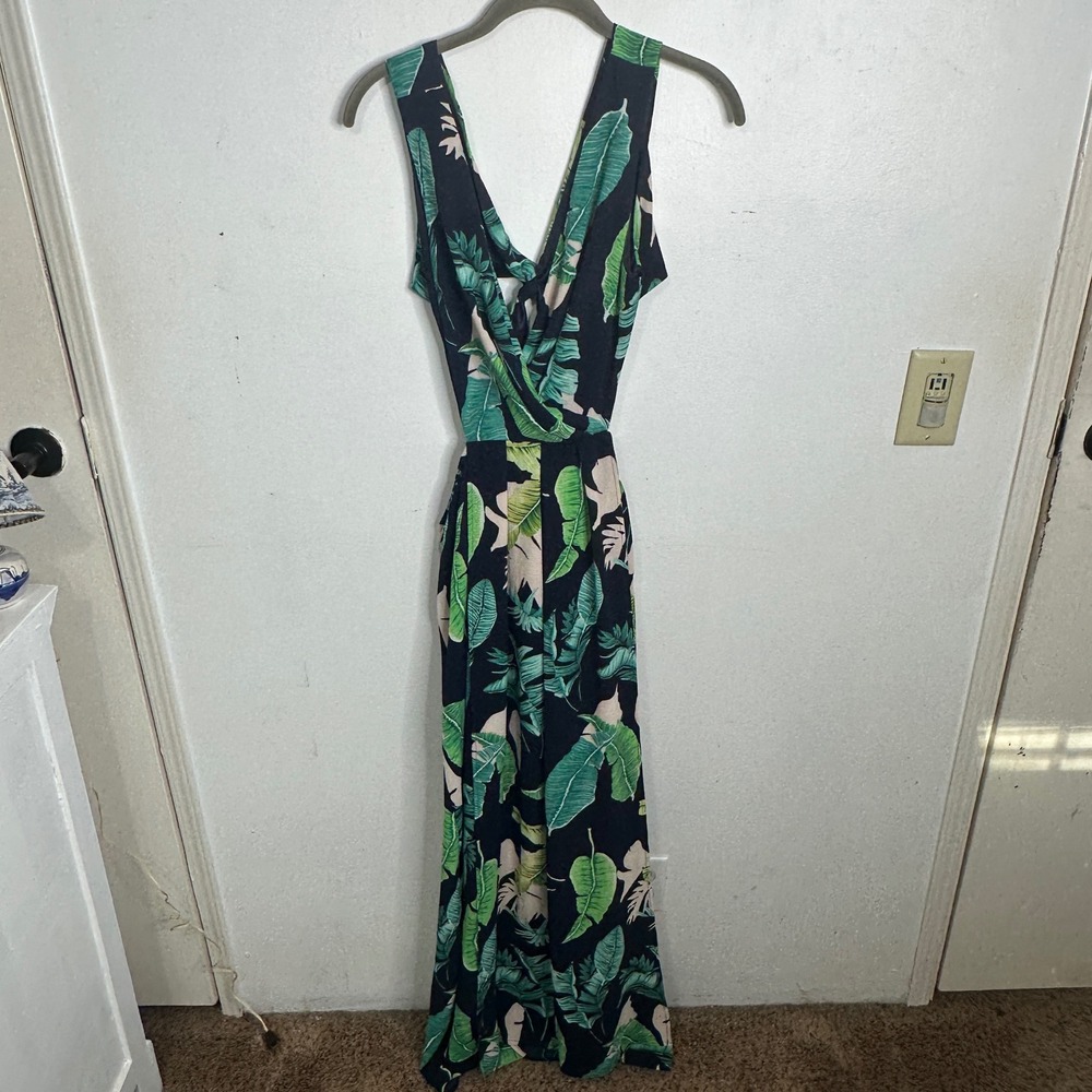 Tropical Leaf Print Tie Back Maxi Dress Navy Green Medium Vacation Travel